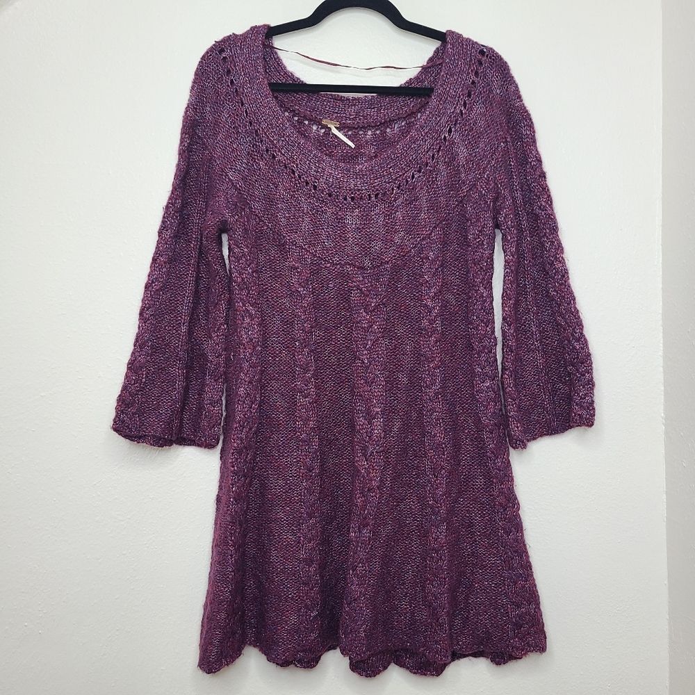 Free People Long Sleeve Knit Dress Sweater Scoop Neck Purple Chunky Size Medium